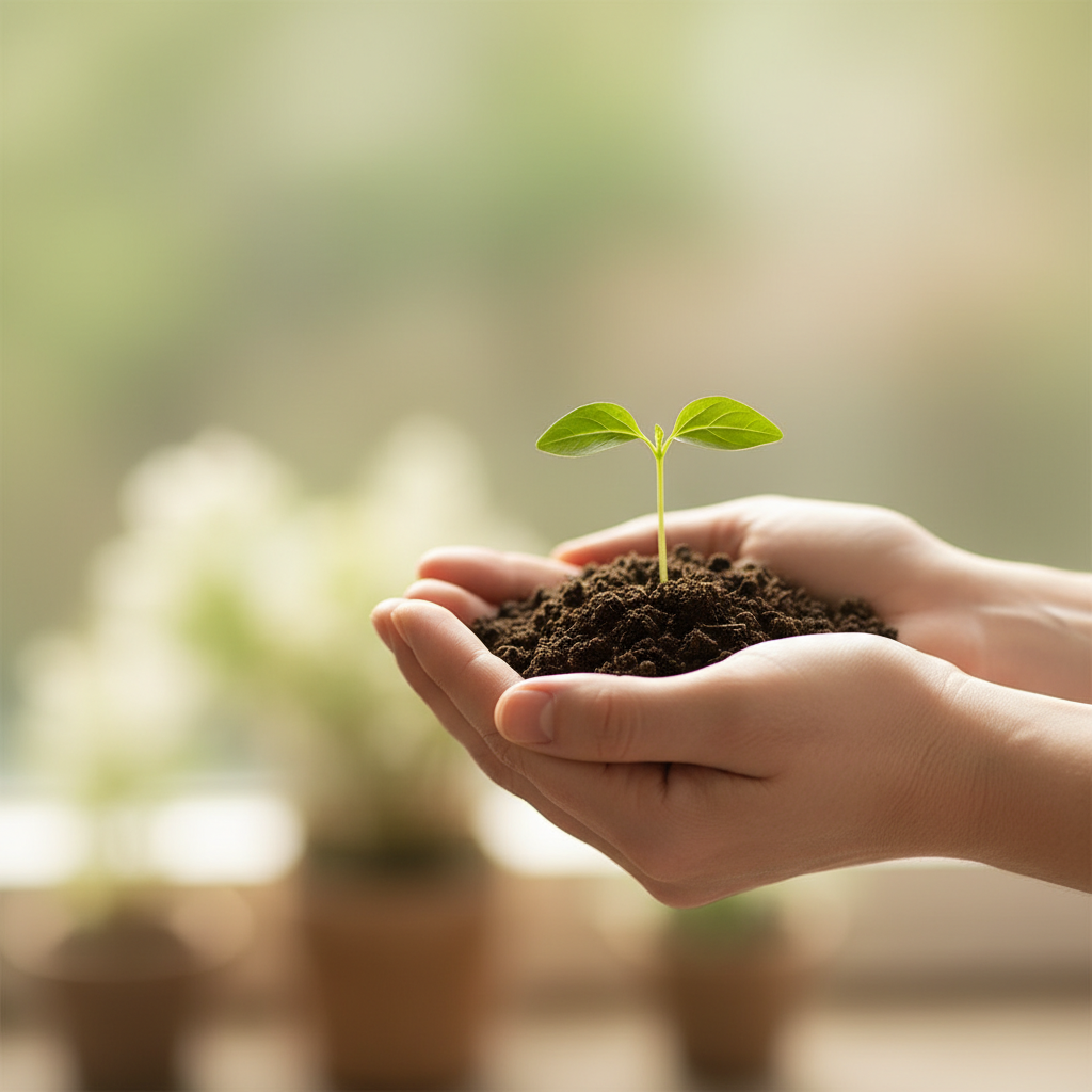 Manos sosteniendo un brote verde en crecimiento simbolizando cuidado y desarrollo