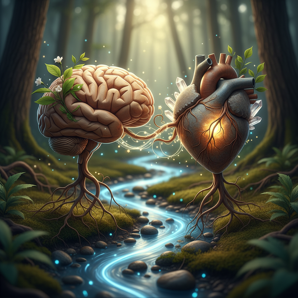 Representación artística de la conexión mente-cuerpo con elementos naturales