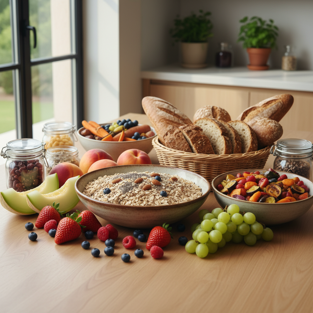 Mesa de madera con alimentos frescos, frutas y cereales integrales