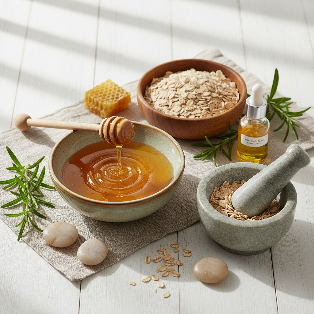 Ingredientes naturales como miel y avena dispuestos para cuidado facial