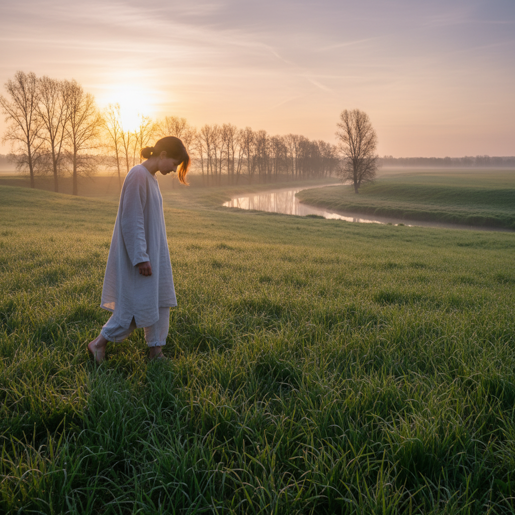 Persona caminando descalza por la hierba verde al amanecer