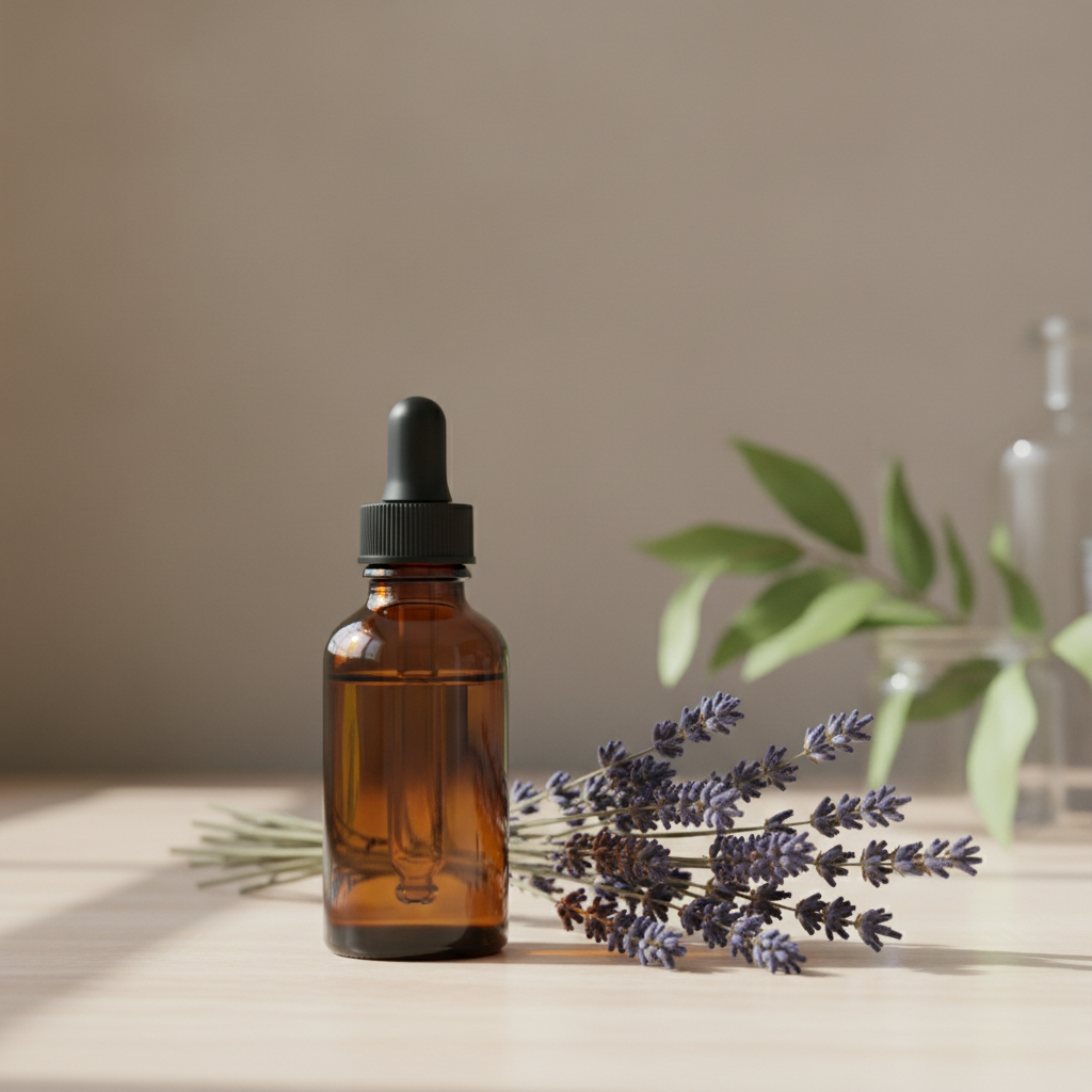 Aceite esencial en un frasco de vidrio ámbar junto a flores de lavanda