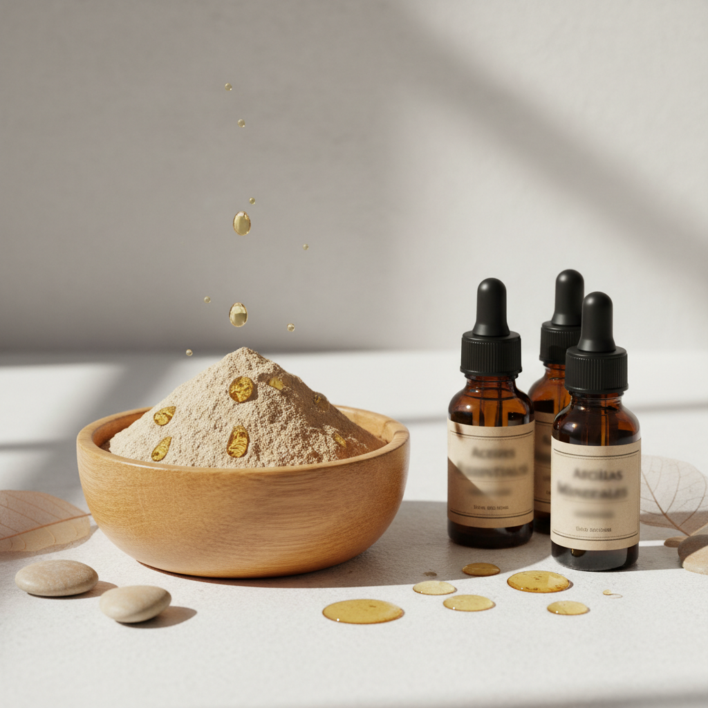 Cuenco de madera con arcilla natural en polvo