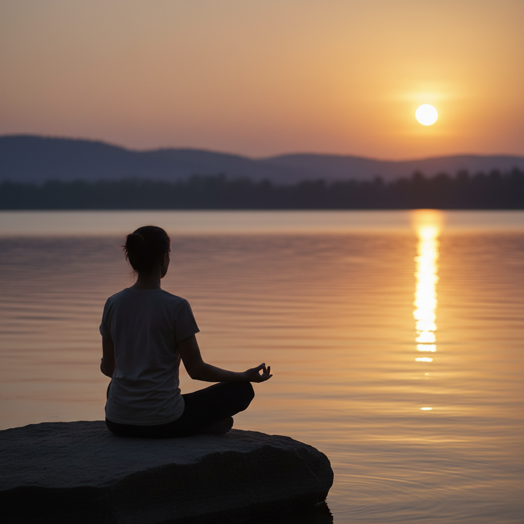 Persona meditando frente a un lago tranquilo durante el atardecer