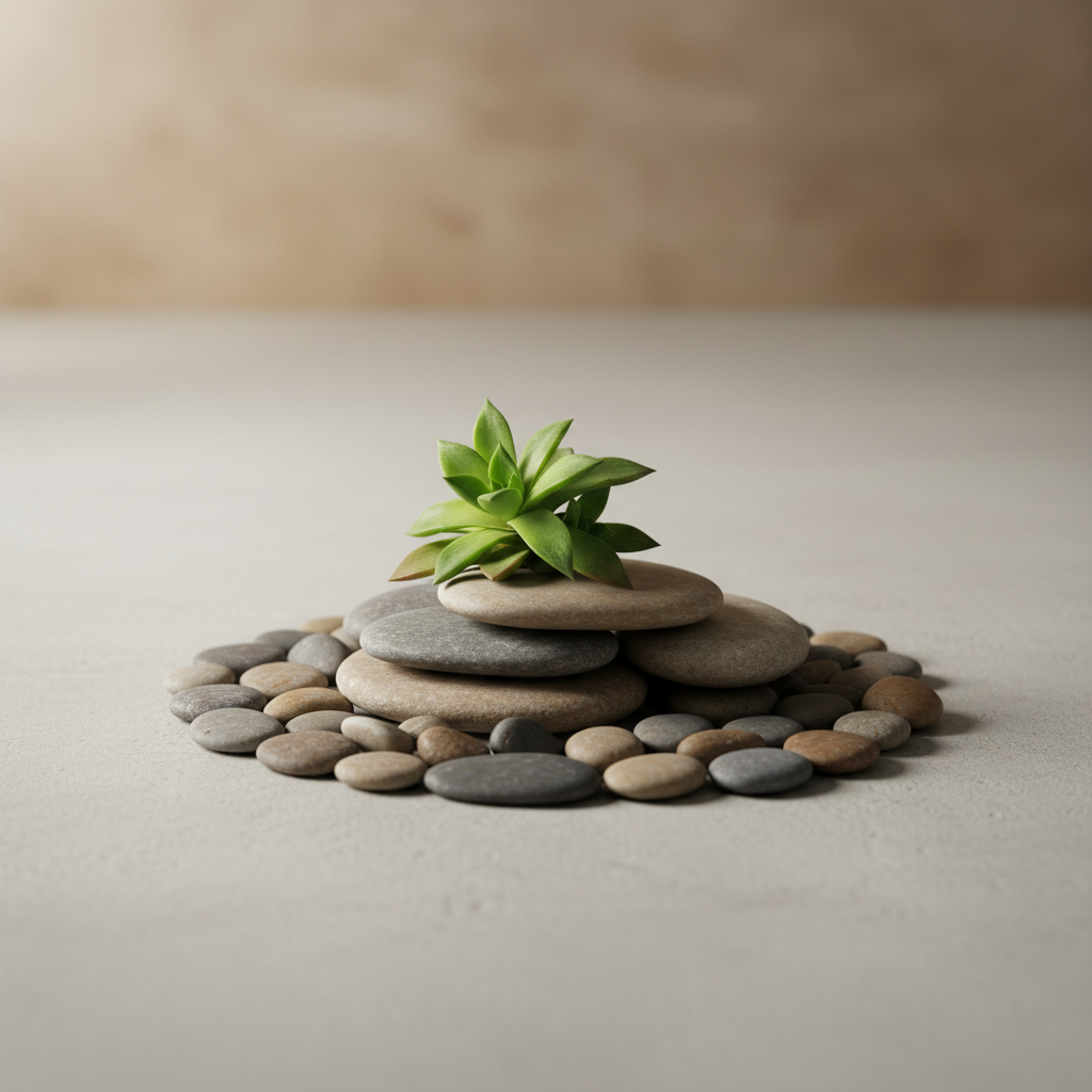 Composición equilibrada de piedras de río y una pequeña planta verde